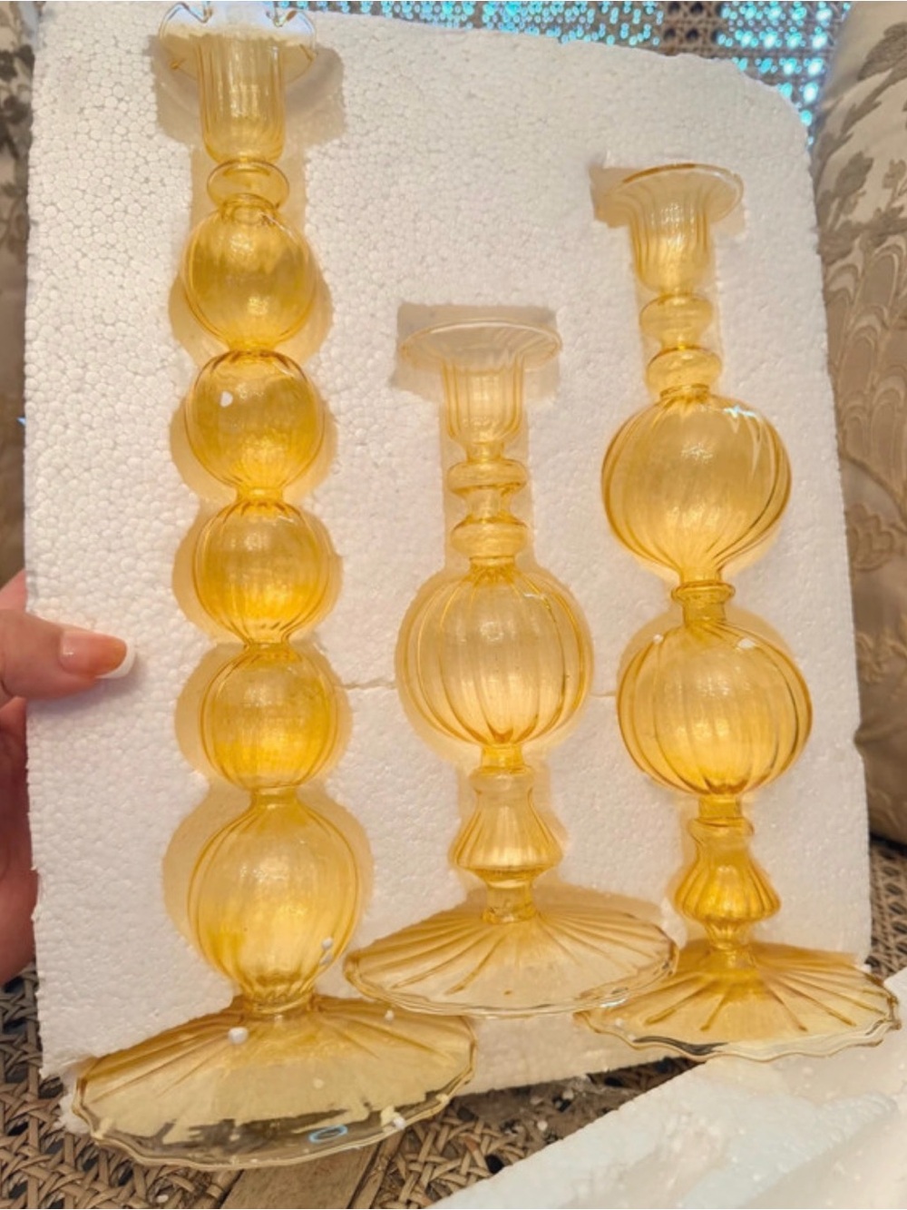Vintage Venetian Murano Warm Amber Optic Ball & Swirl Candlestick Holders (3)